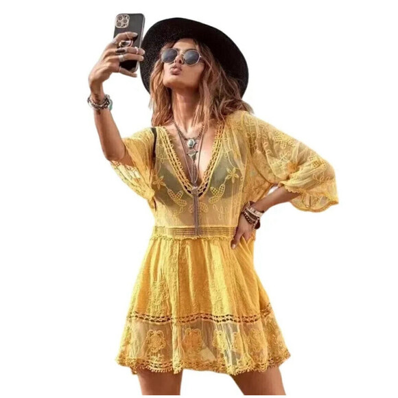 Floral Pattern Lace Swimsuit Coverup In Yellow - Picture 1 of 9